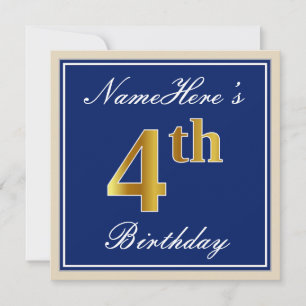 Invitation Elégant, Bleu, Faux Or 4ème Anniversaire; Nom pers
