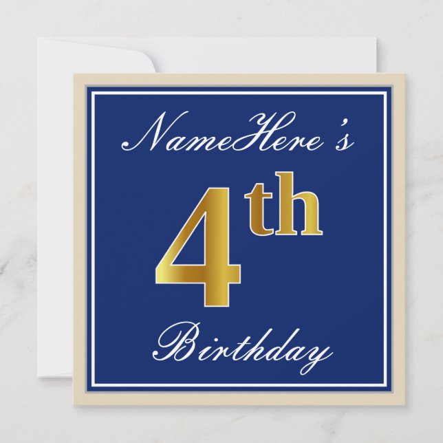 Invitation Elégant, Bleu, Faux Or 4ème Anniversaire; Nom pers (Devant)