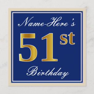 Invitation Elégant, Bleu, Faux Or 51ème Anniversaire + Nom