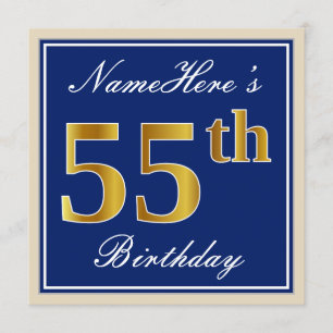 Invitation Elégant, Bleu, Faux Or 55ème Anniversaire + Nom