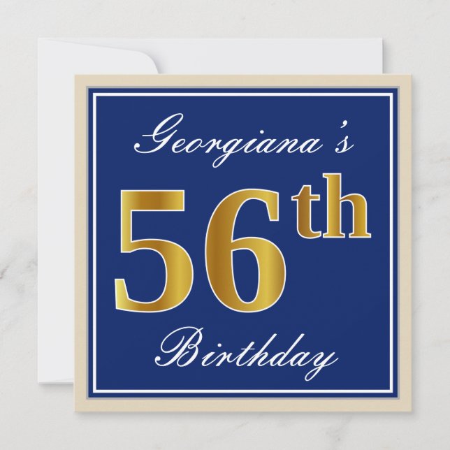 Invitation Elégant, Bleu, Faux Or 56ème Anniversaire + Nom (Devant)