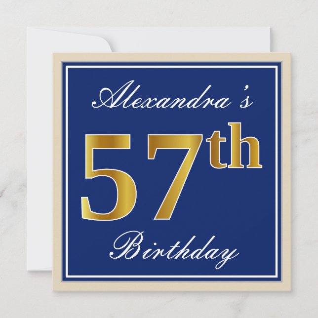 Invitation Elégant, Bleu, Faux Or 57ème Anniversaire + Nom (Devant)
