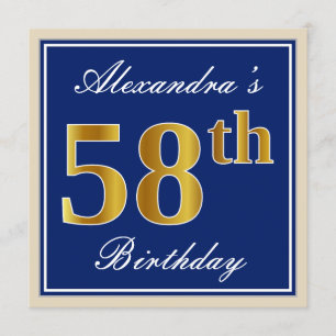 Invitation Elégant, Bleu, Faux Or 58ème Anniversaire + Nom