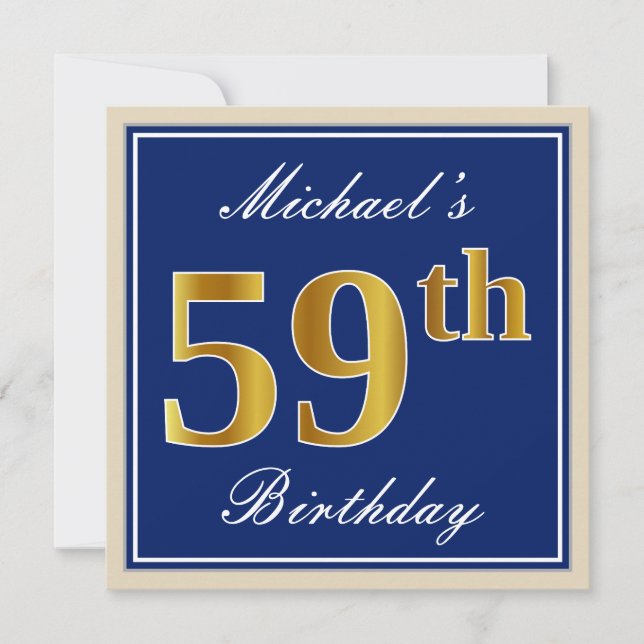 Invitation Elégant, Bleu, Faux Or 59ème Anniversaire + Nom (Devant)