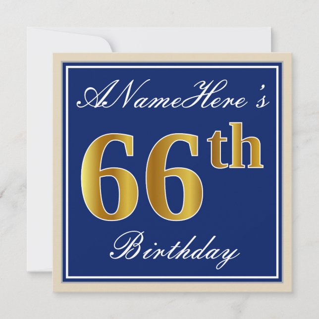 Invitation Elégant, Bleu, Faux Or 66ème anniversaire + Nom (Devant)