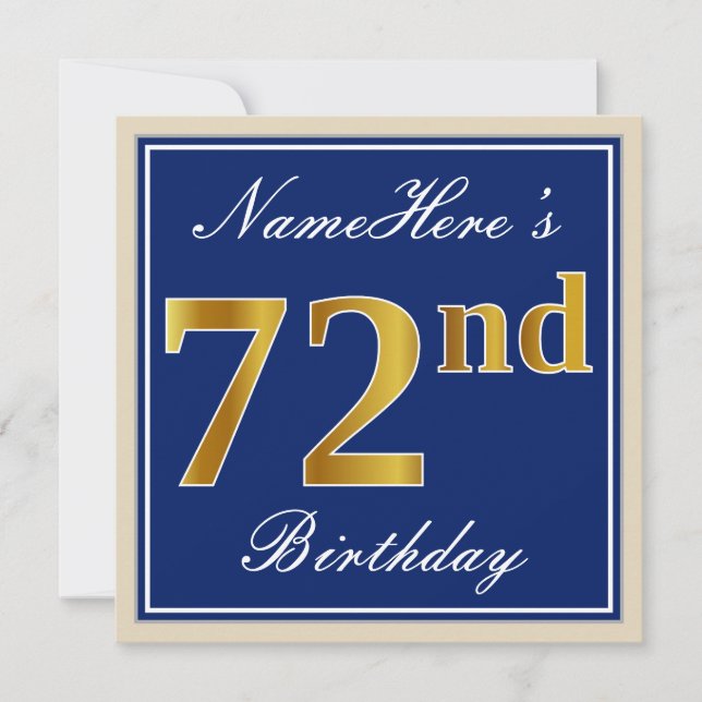 Invitation Elégant, Bleu, Faux Or 72ème Anniversaire + Nom (Devant)