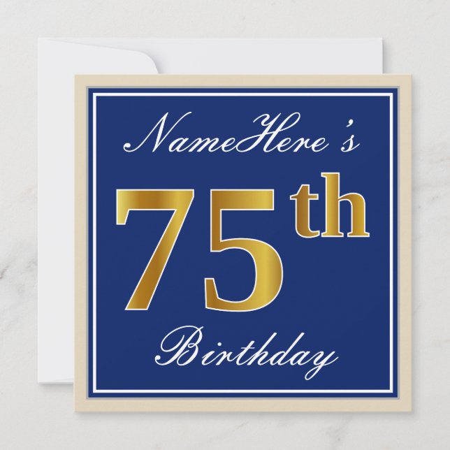 Invitation Elégant, Bleu, Faux Or 75ème Anniversaire + Nom (Devant)