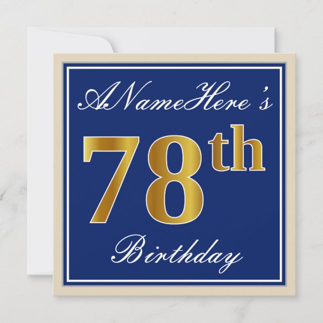 Invitation Elégant, Bleu, Faux Or 78ème Anniversaire + Nom (Devant)