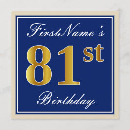 Invitation Elégant, Bleu, Faux Or 81ème Anniversaire + Nom