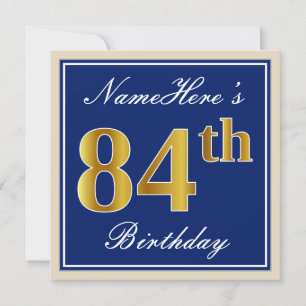 Invitation Elégant, Bleu, Faux Or 84ème Anniversaire + Nom