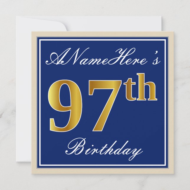 Invitation Elégant, Bleu, Faux Or 97ème Anniversaire + Nom (Devant)