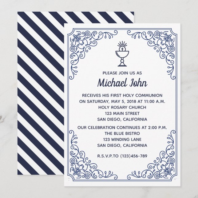 Invitation Élégant Bleu fleurit tourbillon First Communion (Devant / Derrière)