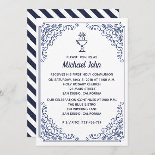 Invitation Élégant Bleu fleurit tourbillon First Communion