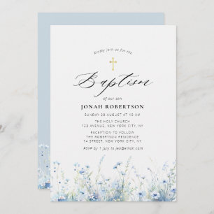 Invitation Elégant bleu fleurs baptême
