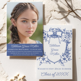 Invitation Elégant bleu floral Coquette Graduation Photo