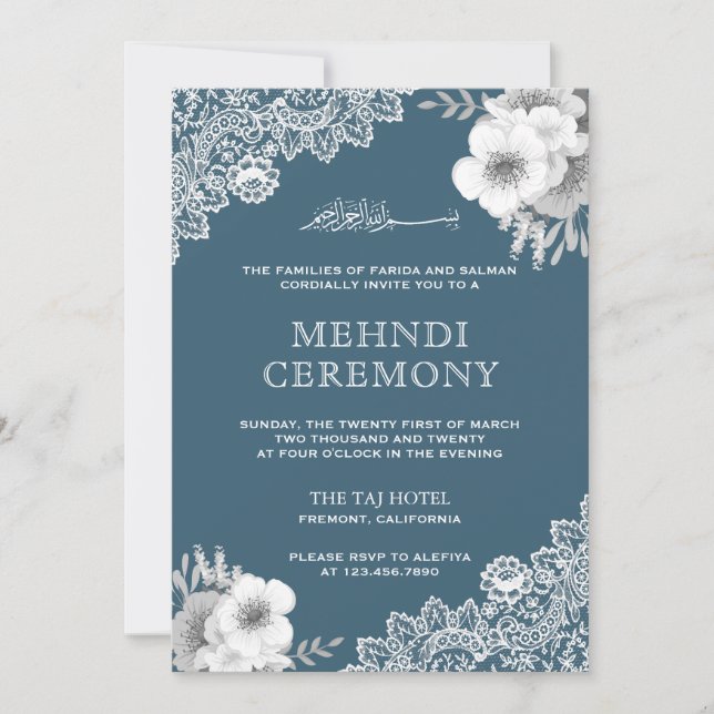 Invitation Elégant bleu floral dentelle islamique musulman Me (Devant)