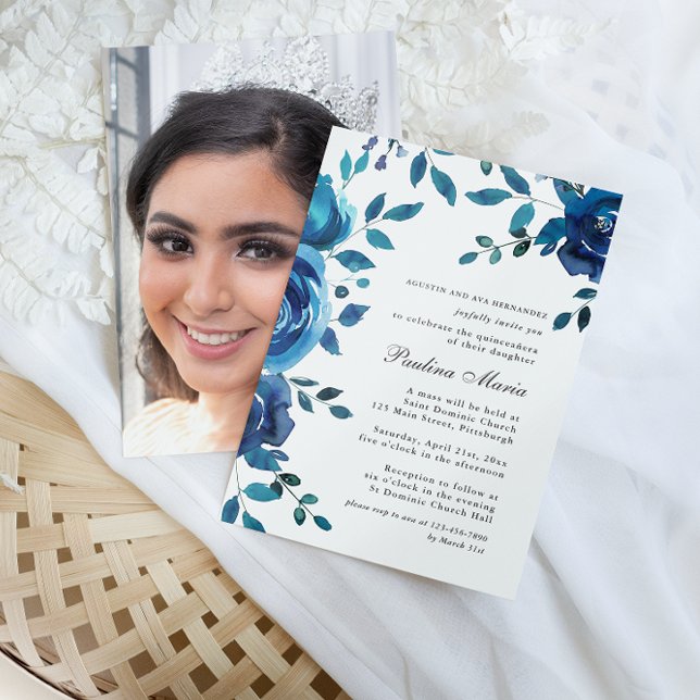 Invitation Elégant bleu floral photo Quinceañera (Créateur téléchargé)