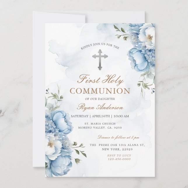 Invitation Élégant bleu Floral Première Sainte Communion (Devant)