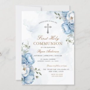 Invitation Élégant bleu Floral Première Sainte Communion