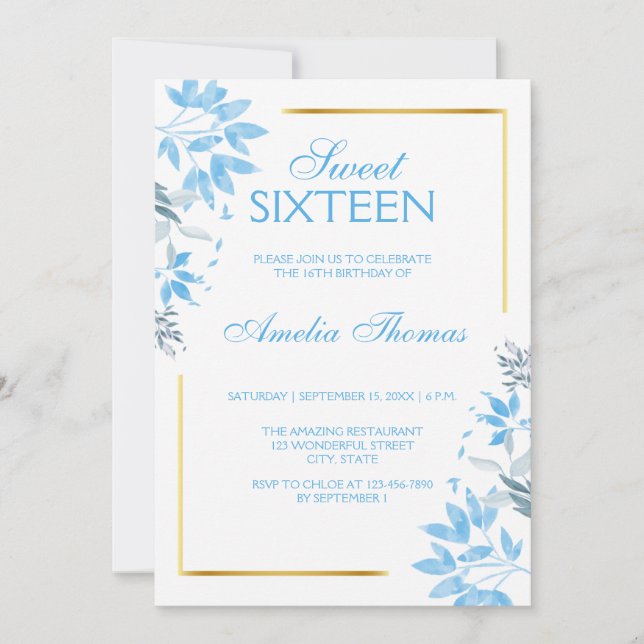 Invitation Elégant bleu Floral Sweet 16 Anniversaire Invitati (Devant)