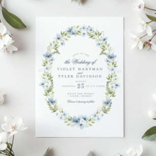 Invitation Elégant bleu Floral verdure Mariage de couronne