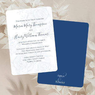 Invitation Élégant Bleu Floral Vert Calligraphie Script