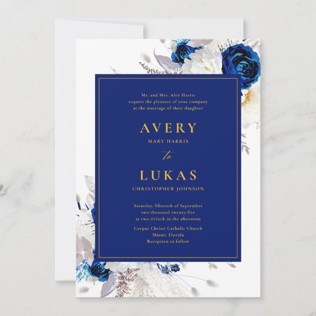 Invitation Elégant bleu foncé et jaune Mariage floral Invita (Devant)