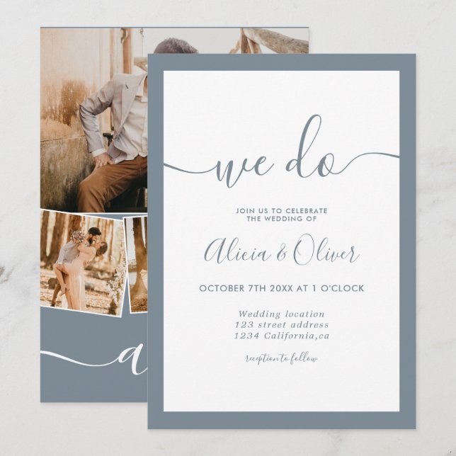 Invitation Élégant bleu foncé script photo initiales mariage (Devant / Derrière)