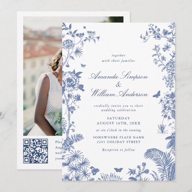 Invitation Elégant bleu Français Garden Mariage Photo Code QR (Devant / Derrière)