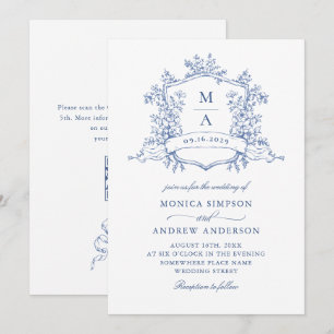 Invitation Elégant bleu Français Garden Wedding Code QR
