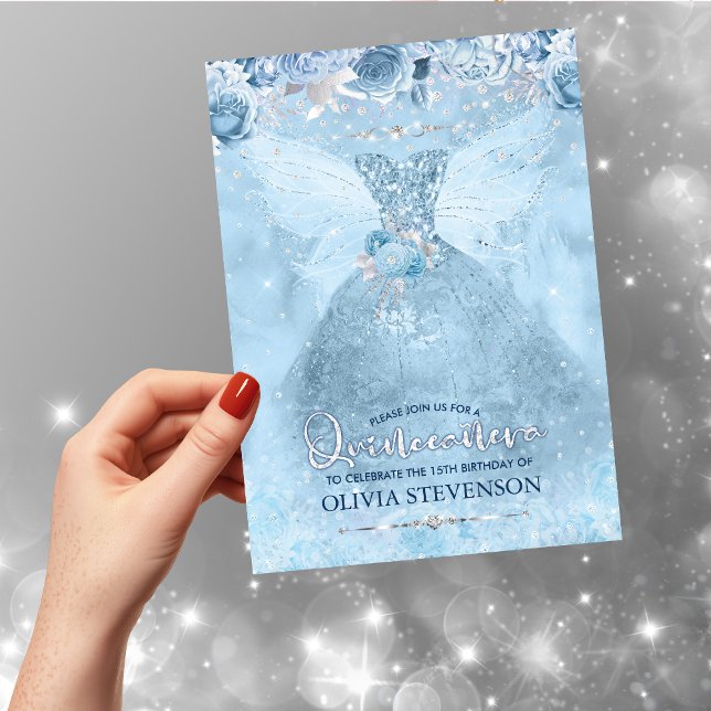 Invitation Elégant bleu glace parties scintillant robe floral (Créateur téléchargé)