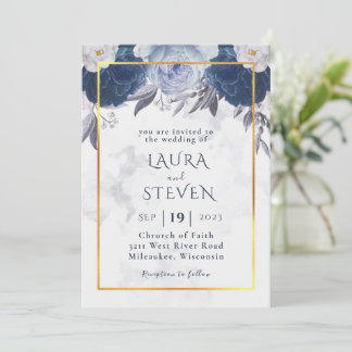 Invitation Elégant bleu gris gris bleu floral