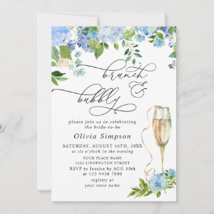 Invitation Elégant bleu Hydrangea Aquarelle Brunch & Bubbly