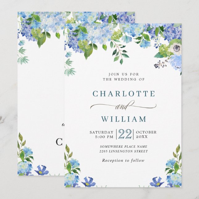 Invitation Elégant bleu Hydrangea Aquarelle Mariage de verdur (Devant / Derrière)