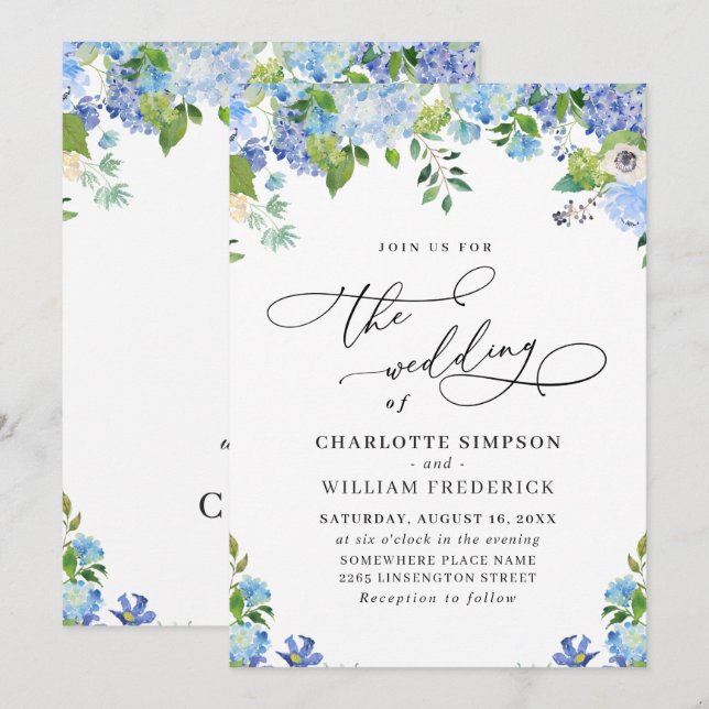 Invitation Elégant bleu Hydrangea Aquarelle Mariage de verdur (Devant / Derrière)