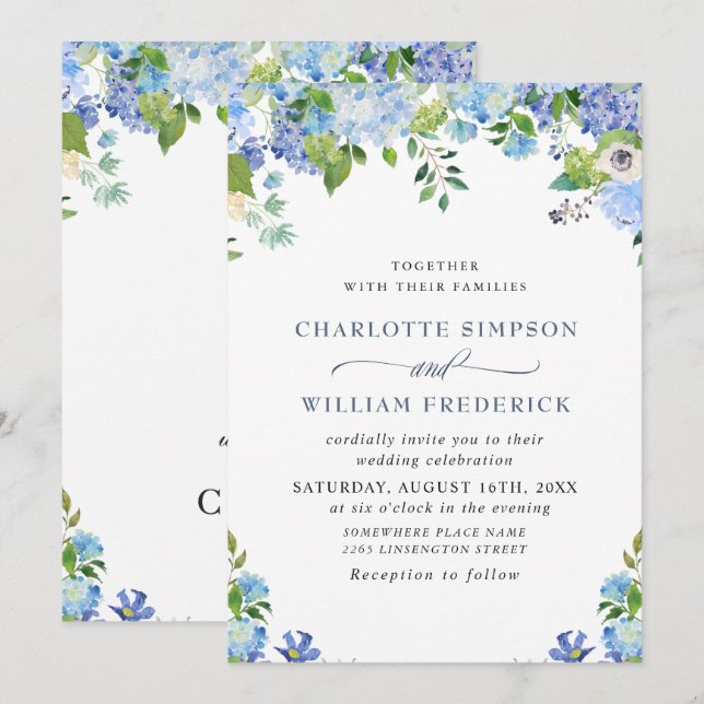 Invitation Elégant bleu Hydrangea Aquarelle Mariage de verdur (Devant / Derrière)