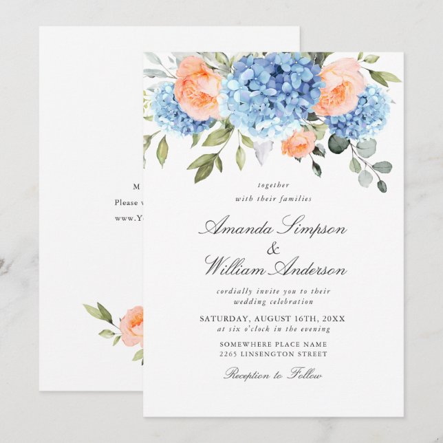 Invitation Elégant bleu Hydrangea Blush rose Roses Mariage (Devant / Derrière)