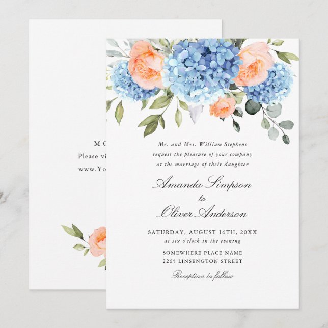Invitation Elégant bleu Hydrangea Blush rose Roses Mariage (Devant / Derrière)