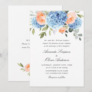 Invitation Elégant bleu Hydrangea Blush rose Roses Mariage