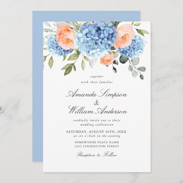 Invitation Elégant bleu Hydrangea Blush rose Roses Mariage (Devant / Derrière)
