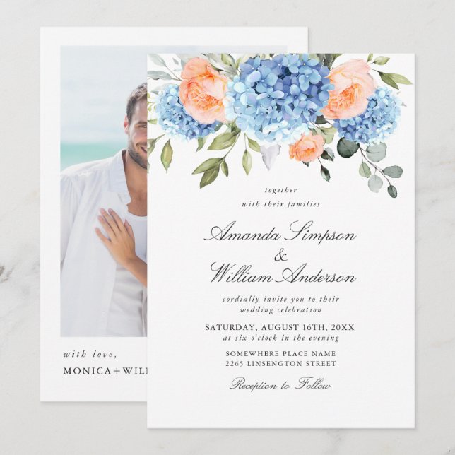 Invitation Elégant bleu Hydrangea Blush rose Roses Mariage (Devant / Derrière)