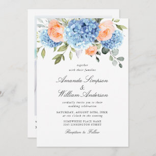 Invitation Elégant bleu Hydrangea Blush rose Roses Mariage