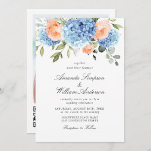 Invitation Elégant bleu Hydrangea Blush rose Roses Mariage