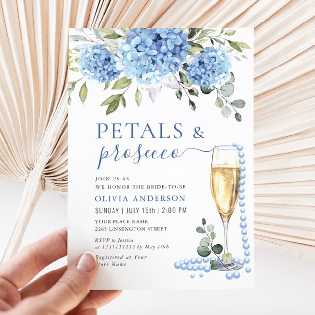Invitation Elégant bleu Hydrangea Floral PETALS & Prosecco (Créateur téléchargé)