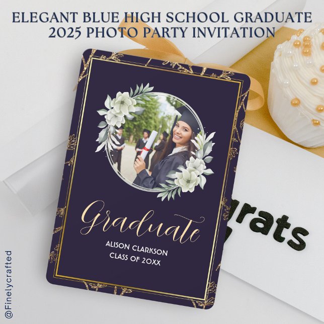 Invitation Élégant Bleu Lycée Graduate 2025 Photo Party (Créateur téléchargé)