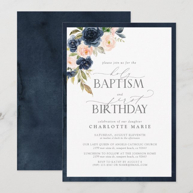 Invitation Elégant bleu marine Baptême rose 1er anniversaire (Devant / Derrière)