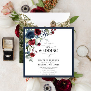 Invitation Elégant bleu marine Bourgogne floral aquarelle pho