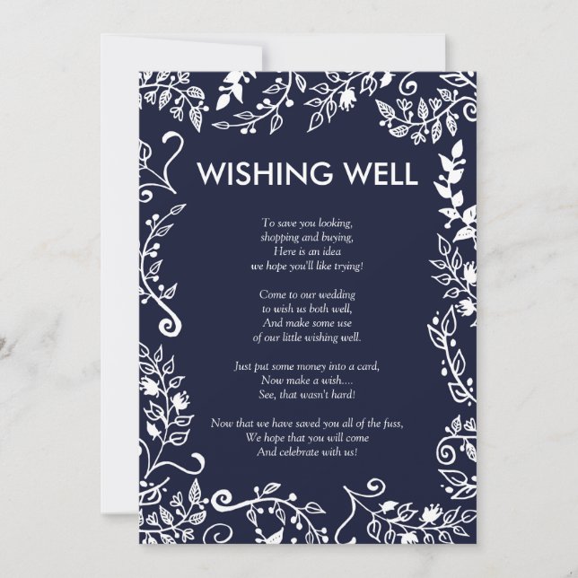 Invitation Elégant bleu marine et blanc Floral Wishing well (Devant)