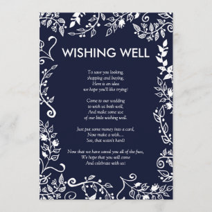 Invitation Elégant bleu marine et blanc Floral Wishing well