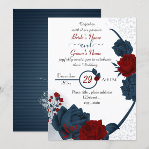 Invitation élégant bleu marine et bordeaux fleurs rouges mari